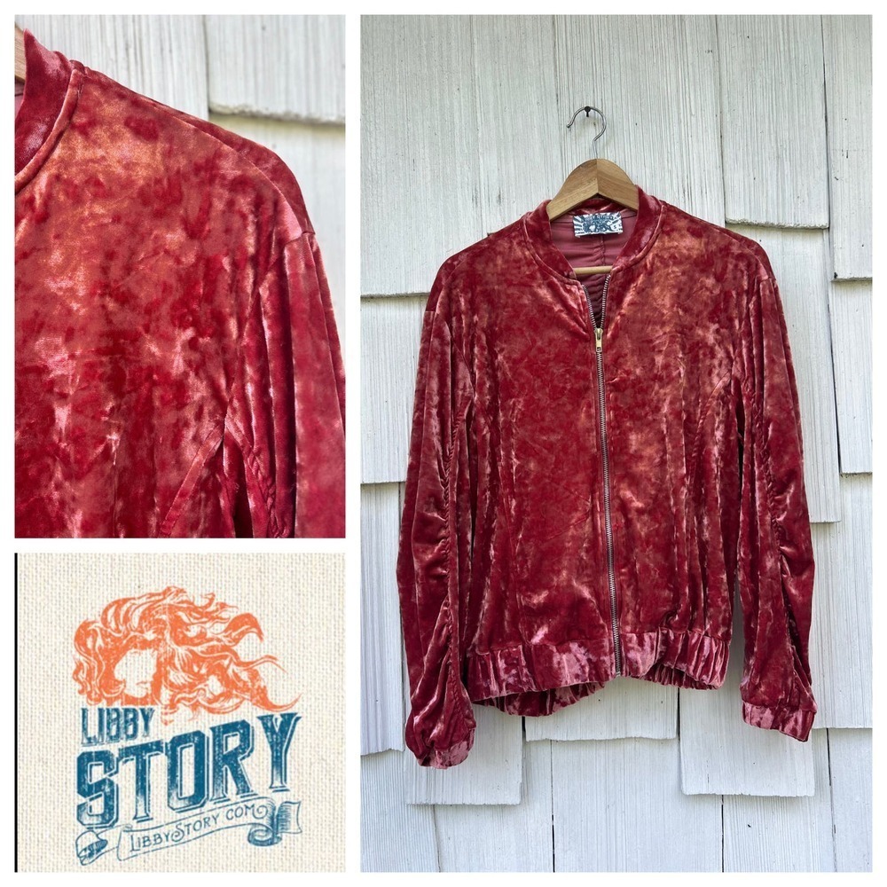 Libby Story Womens Velour Zip Front Jacket Red Long Sleeve Ruched Back Size S